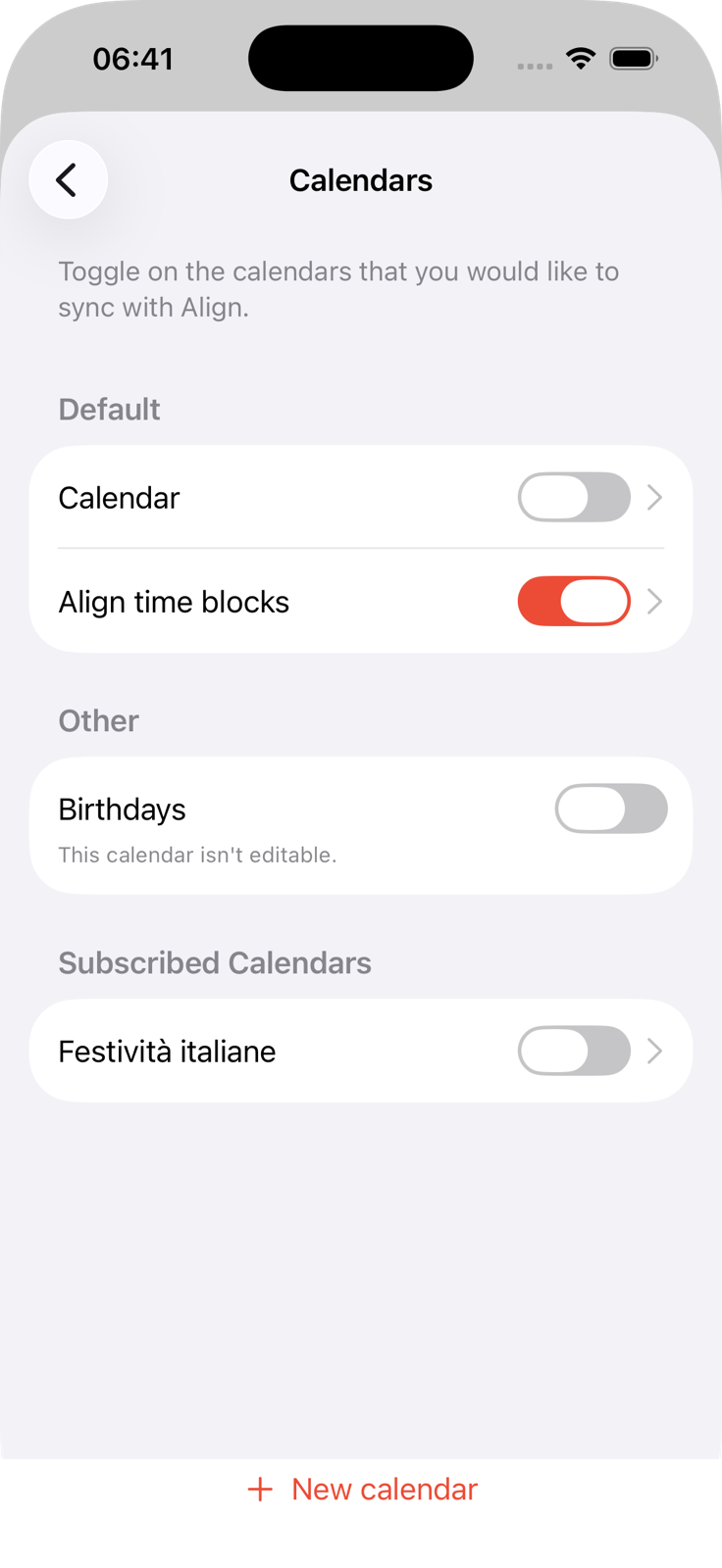 Align calendar selection screen for choosing which iPhone calendars appear in the planner