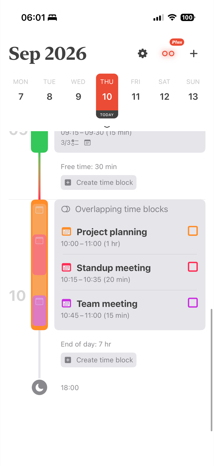 Align daily timeline grouping three overlapping time blocks so the conflict is easy to see
