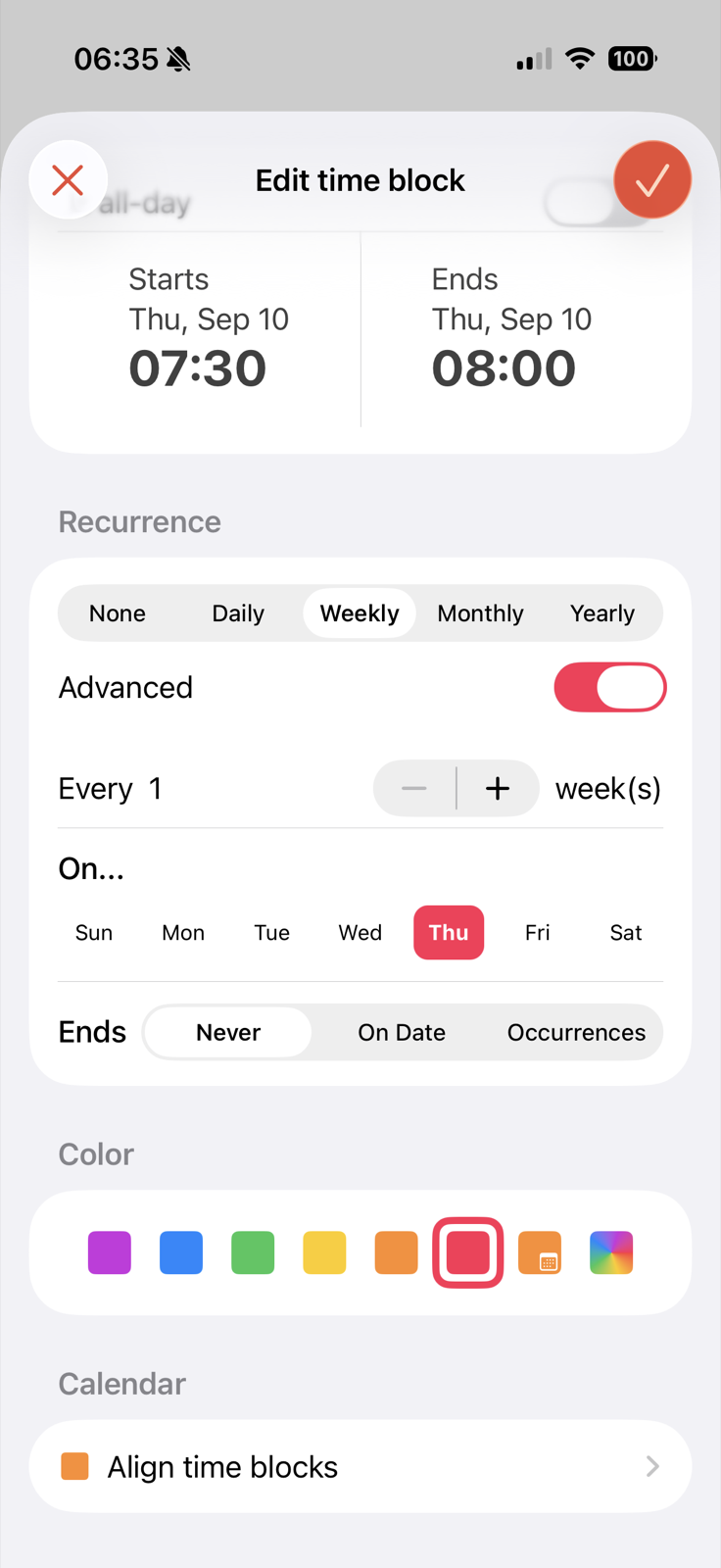 Align time block editor showing weekly recurrence controls and color choices