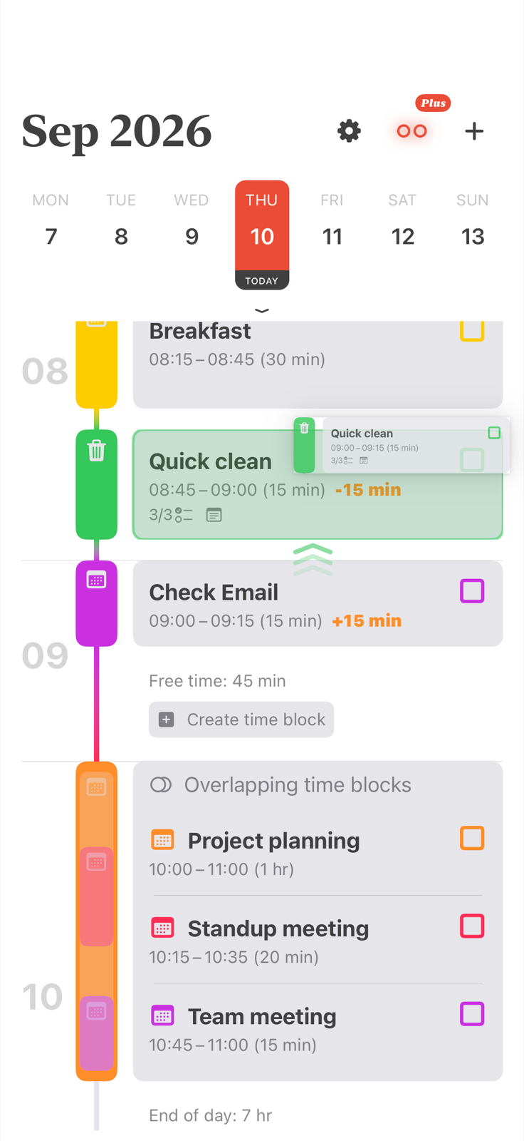 Align resizing a time block and shifting the next blocks later in the daily schedule