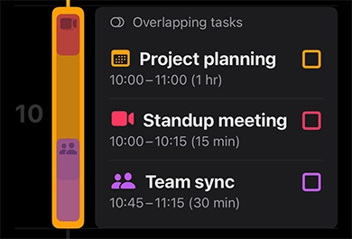 timeline view showing an indicator when time blocks overlap