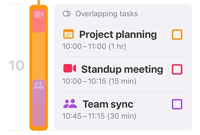 timeline view showing an indicator when time blocks overlap