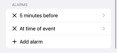 Time block edit view showing alert options: when a task starts or some time before