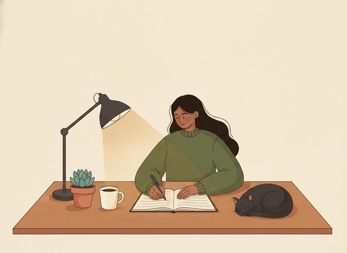 Illustration of a woman journaling at a warm desk while a black cat sleeps beside her.